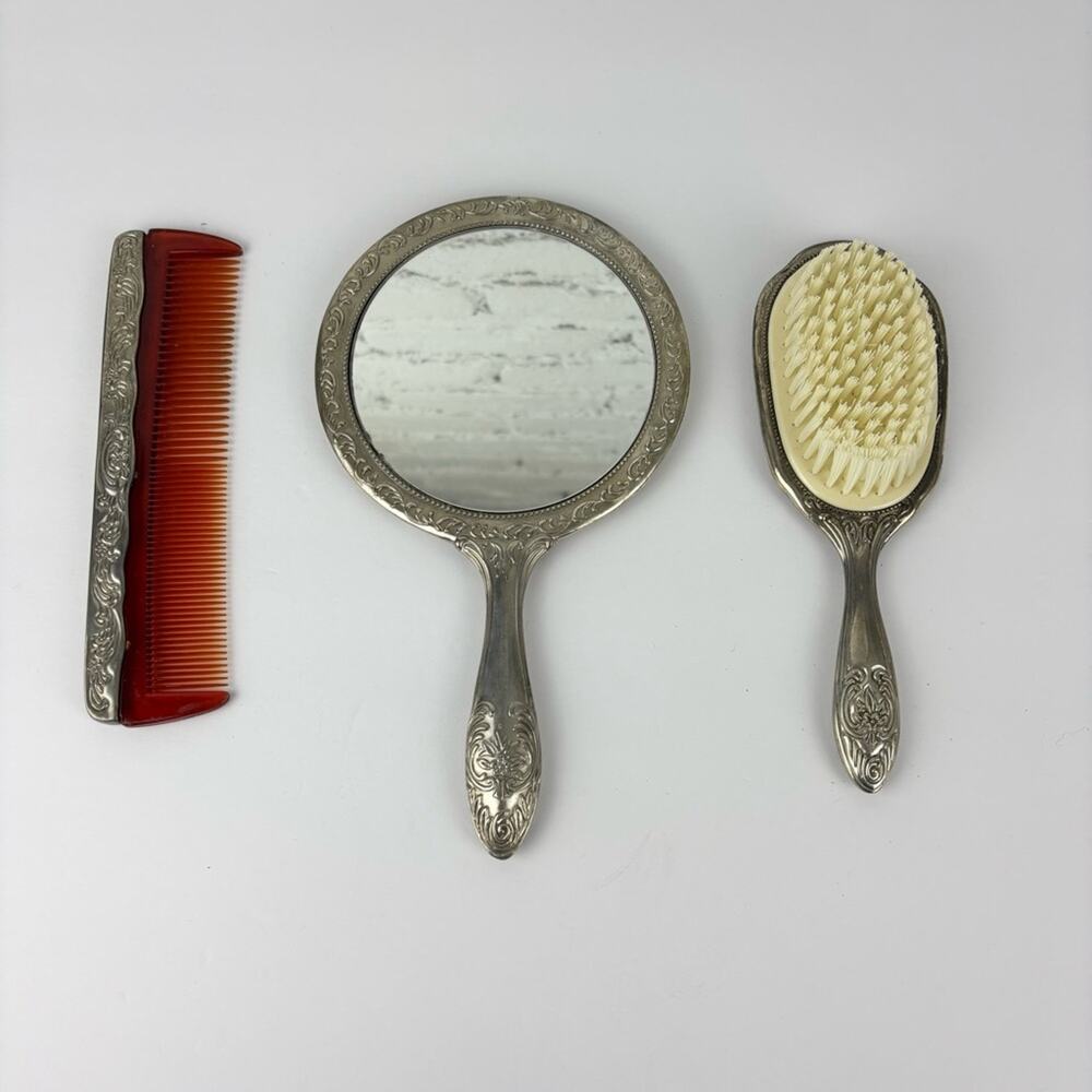 Vintage Silver-Plated Brush, Comb, & Hand Mirror Dresser Set